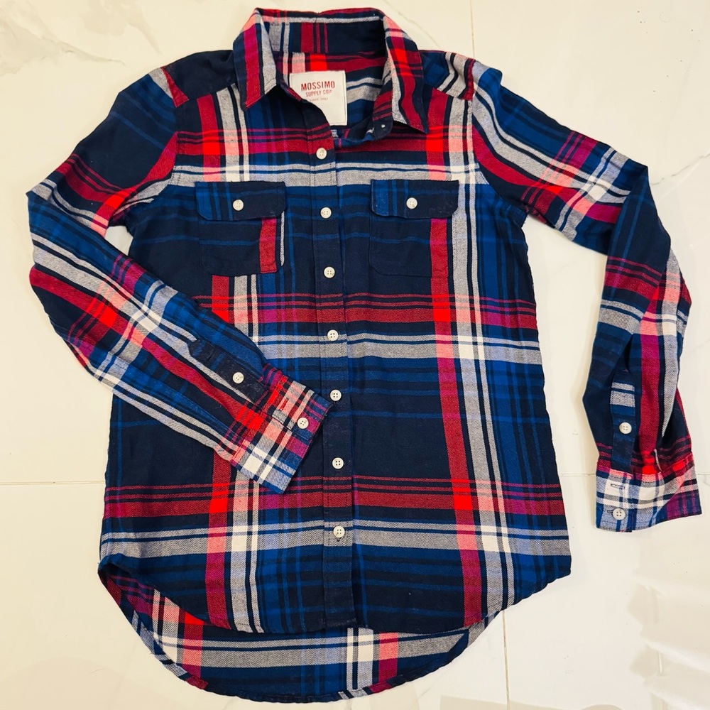Mossimo Supply Co. Navy, Red & White Plaid Women’s Button-Down Shirt